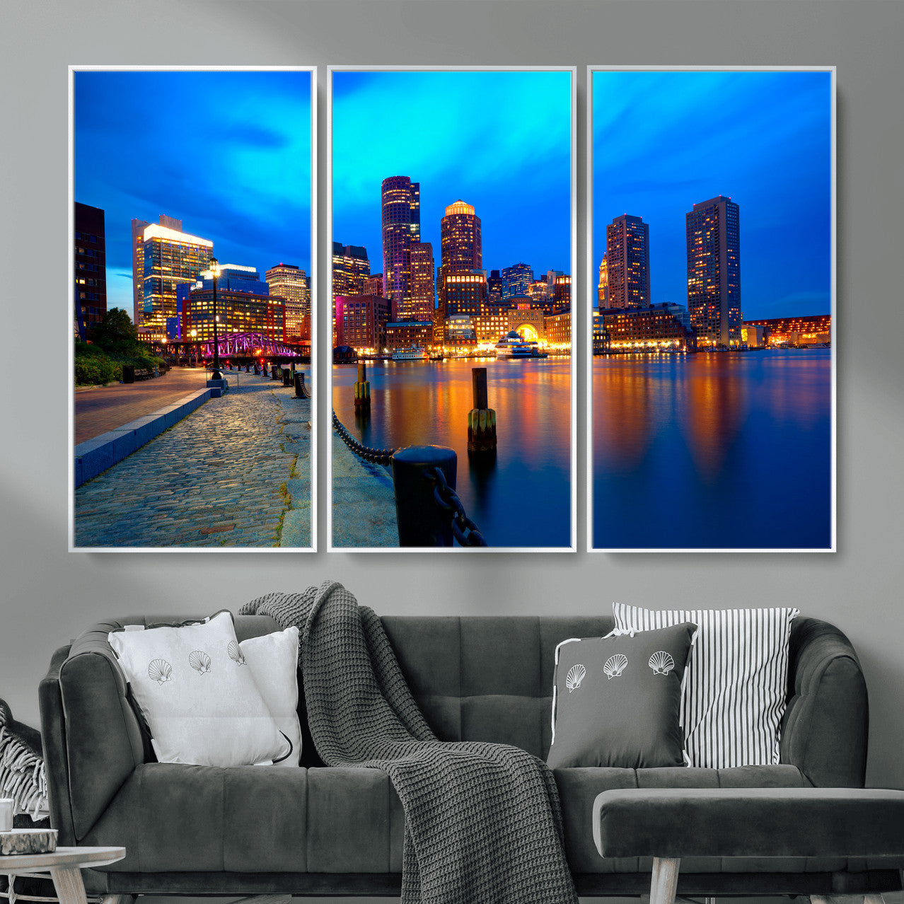 69619565-MGV-CV-36X24 - Boston Wall Art Canvas Print, Boston City Downtown Night Cityscape Print for Modern Urban Wall Decor