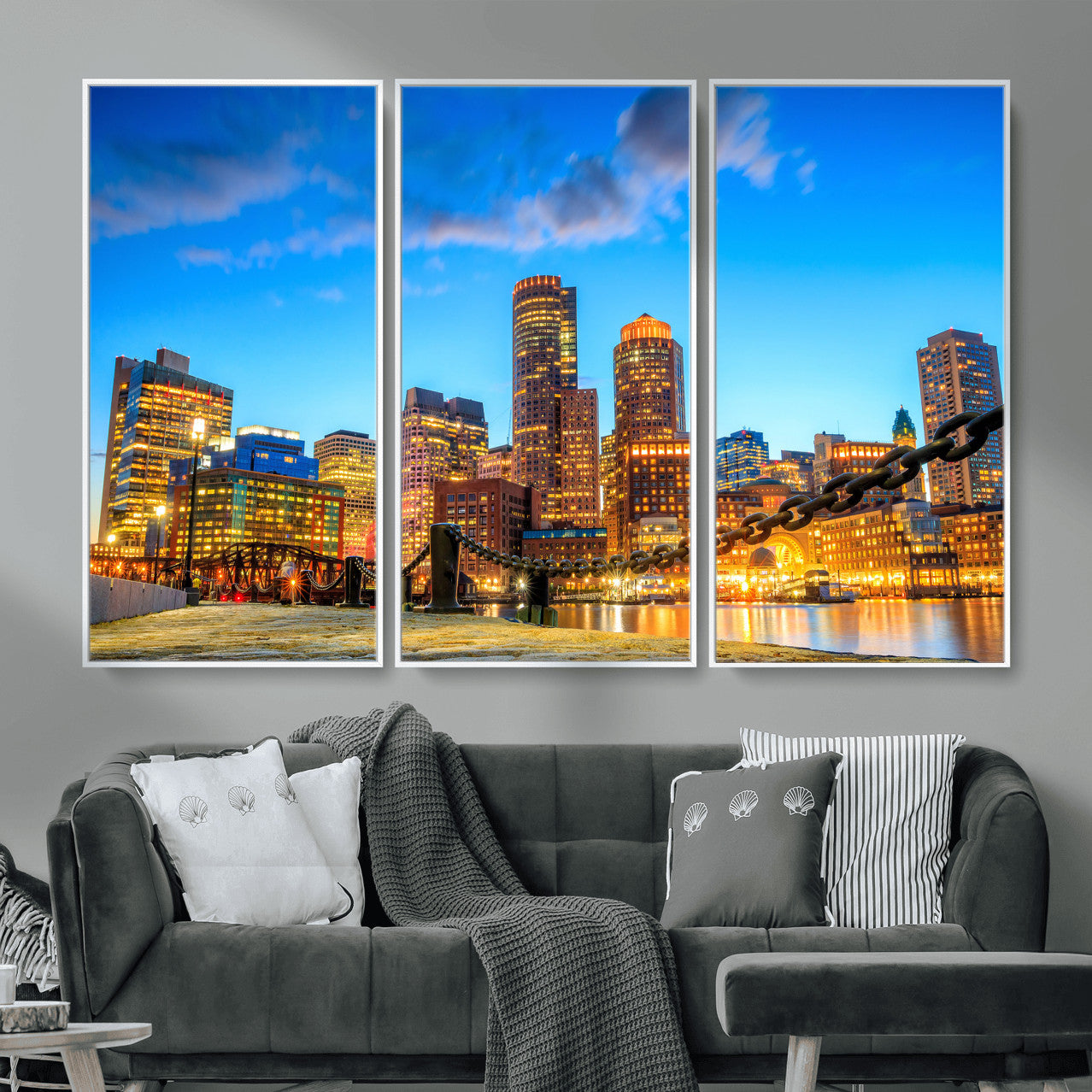 46736409-MGV-CV-36X24 - Boston Wall Art Canvas Print, Boston City Downtown Night Cityscape Print for Modern Urban Wall Decor