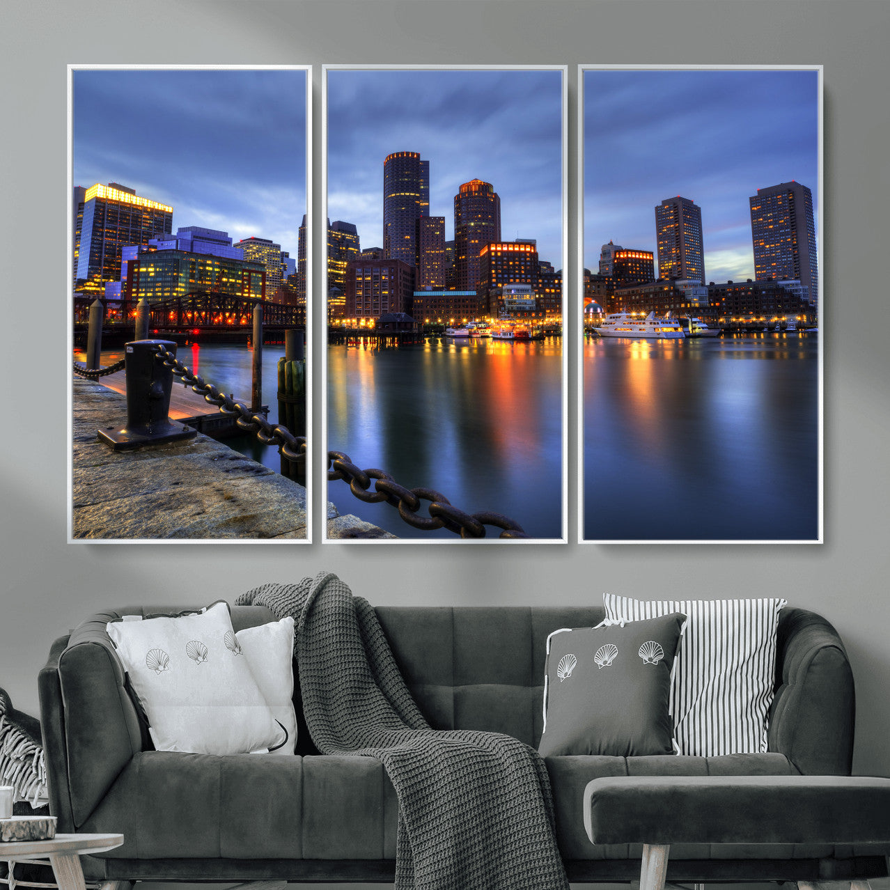 82439622-MGV-CV-36X24 - Boston Wall Art Canvas Print, Boston City Downtown Night Cityscape Print for Modern Urban Wall Decor