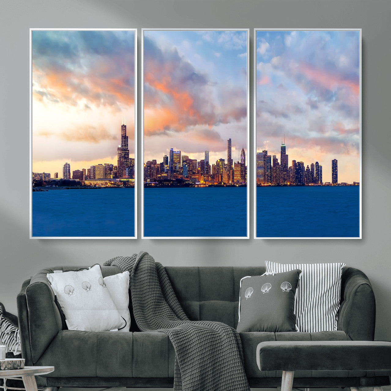 34667960-MGV-CV-36X24 - Chicago Wall Art Canvas Print, Chicago City Downtown Night Cityscape Print for Modern Urban Wall Decor