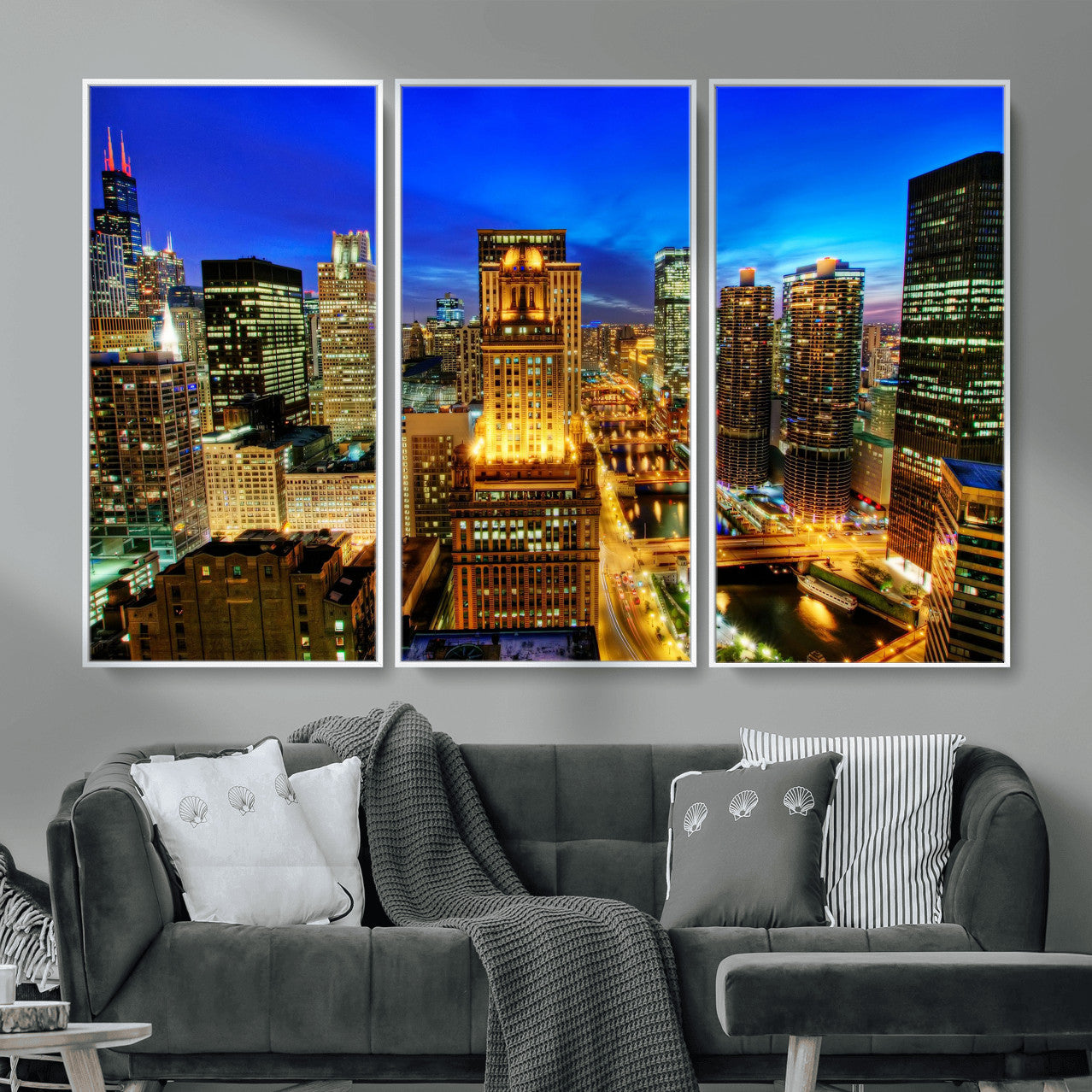 46298885-MGV-CV-36X24 - Chicago Wall Art Canvas Print, Chicago City Downtown Night Cityscape Print for Modern Urban Wall Decor