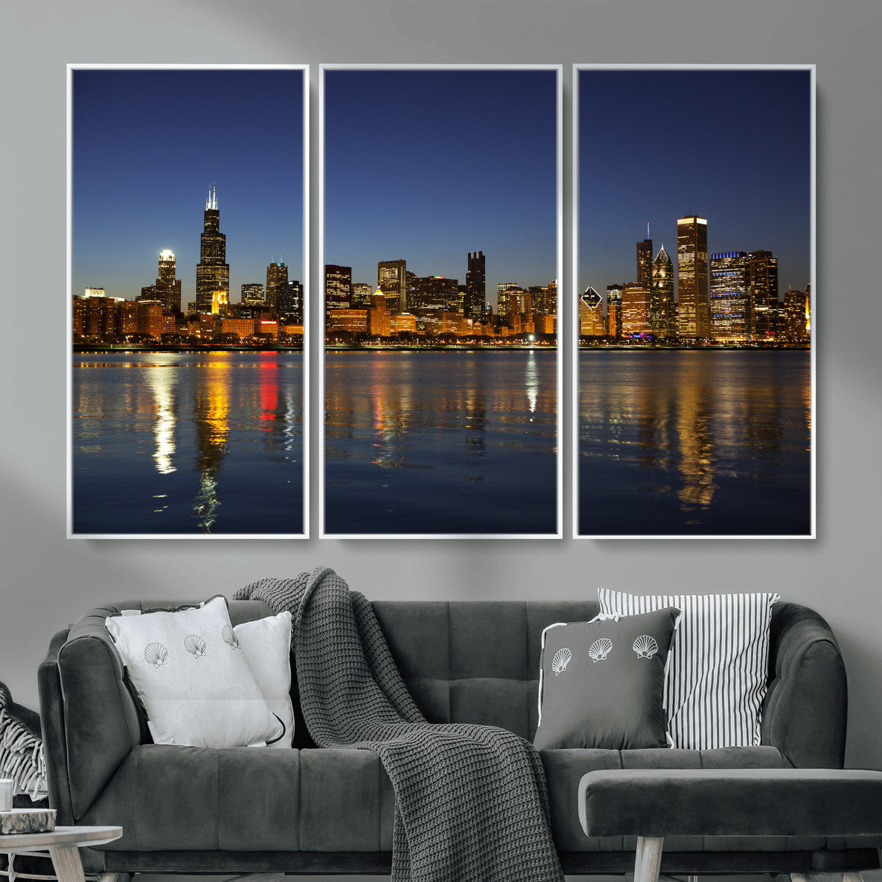 67308035-MGV-CV-36X24 - Chicago Wall Art Canvas Print, Chicago City Downtown Night Cityscape Print for Modern Urban Wall Decor