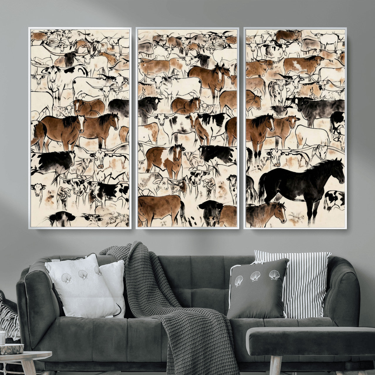 86150485-MGV-CV-36X24 - Farmhouse Animals Wall Art Canvas Print - Abstract Farm Animal Drawing Mid-Century Wall Art for Cabin Decor