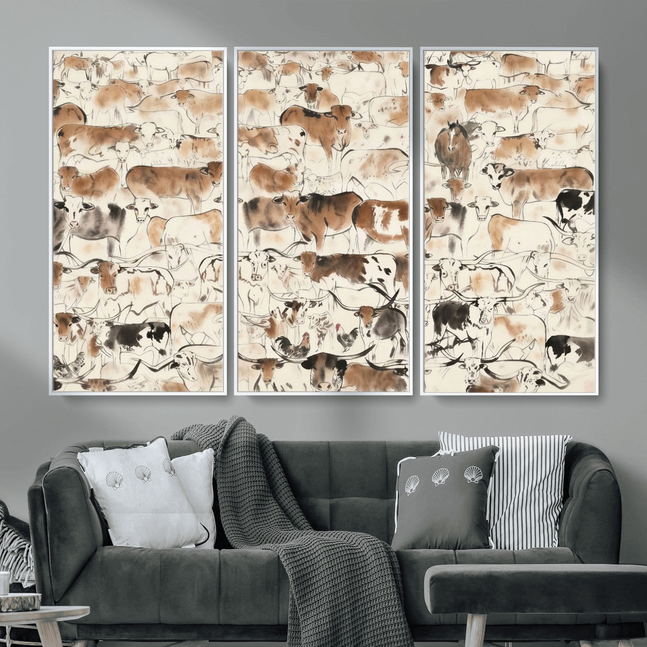 69961368-MGV-CV-36X24 - Farmhouse Animals Wall Art Canvas Print - Abstract Farm Animal Drawing Mid-Century Wall Art for Cabin Decor