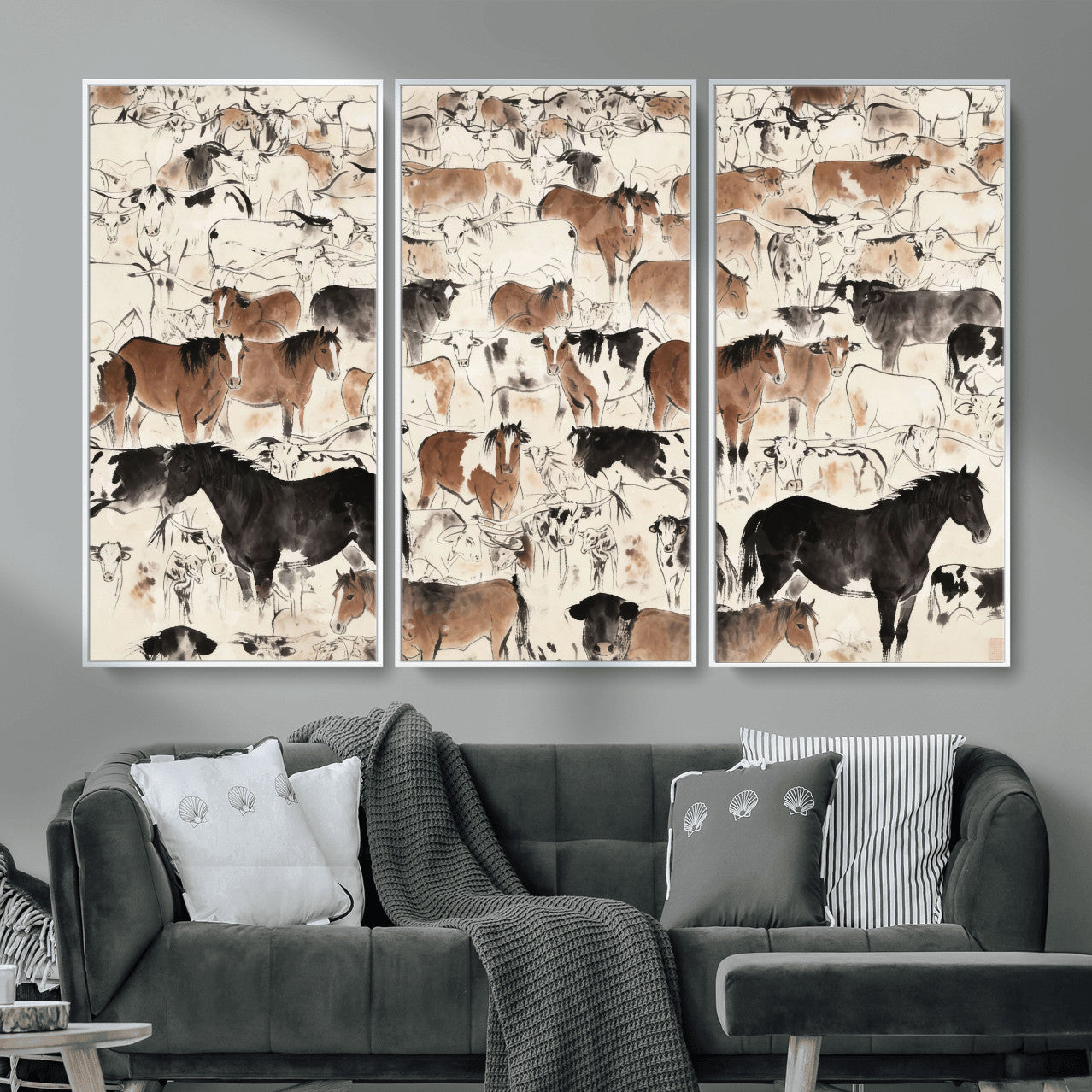 74171578-MGV-CV-36X24 - Farmhouse Animals Wall Art Canvas Print - Abstract Farm Animal Drawing Mid-Century Wall Art for Cabin Decor