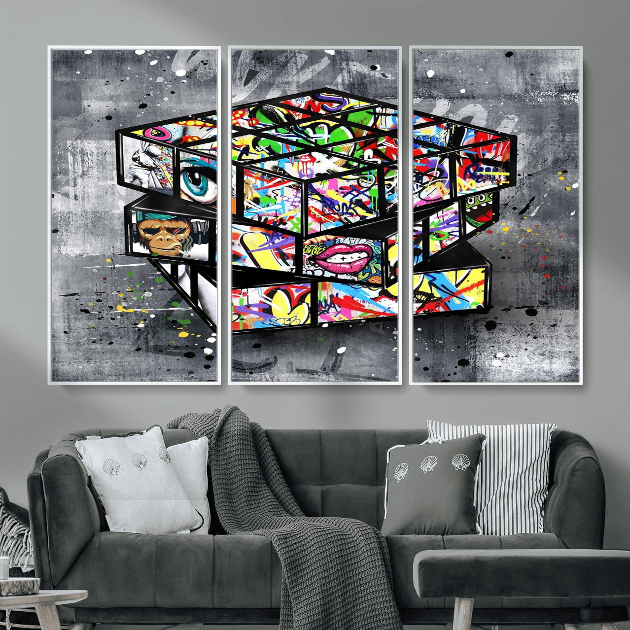 46789556-MGV-CV-36X24 - Graffiti Cube Abstract Street Art Wall Art Canvas Print, Colorful Urban Pop Art Geometric Canvas Print, Modern Street Art Contemporary Art Printing