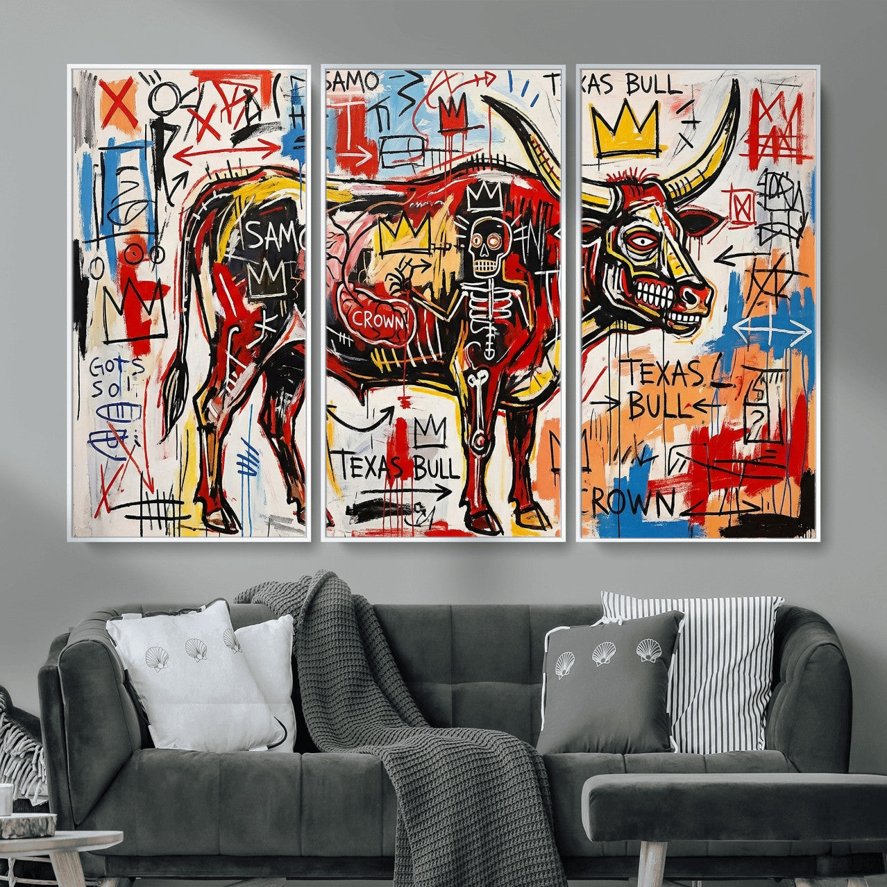 89504579-MGV-CV-36X24 - TITLE: Texas Bull Wall Art Canvas Print, Abstract Graffiti Bull Painting, Western Animal Art, Modern Ranch Decor