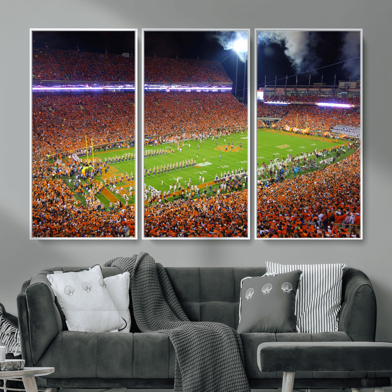 43662631-MGV-CV-36X24 - Clemson Football Stadium Wall Art Canvas Print, College Football Crowd Night Game Scene, Orange Stadium Panorama Wall Decor