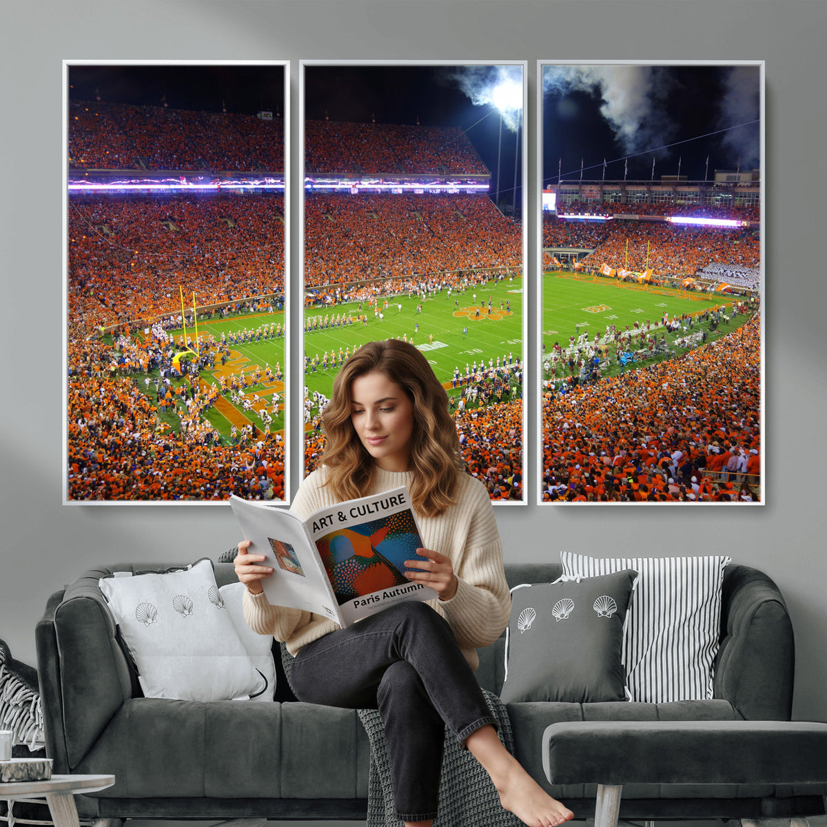 43662631-MGV-CV-36X24 - Clemson Football Stadium Wall Art Canvas Print, College Football Crowd Night Game Scene, Orange Stadium Panorama Wall Decor