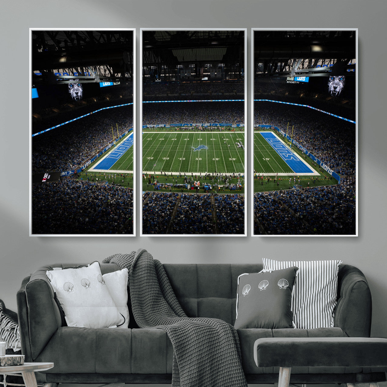 16709602-MGV-CV-36X24 - Detroit Lions Stadium Wall Art Canvas Print, Football Field Panorama Artwork, NFL Game Night Stadium Decor
