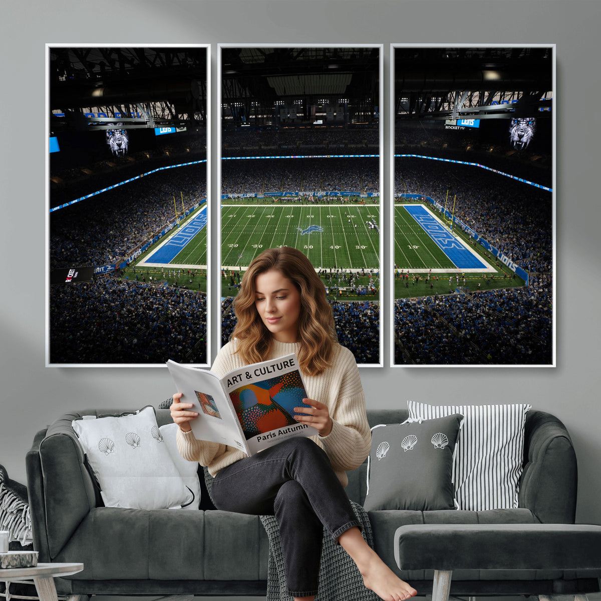 16709602-MGV-CV-36X24 - Detroit Lions Stadium Wall Art Canvas Print, Football Field Panorama
