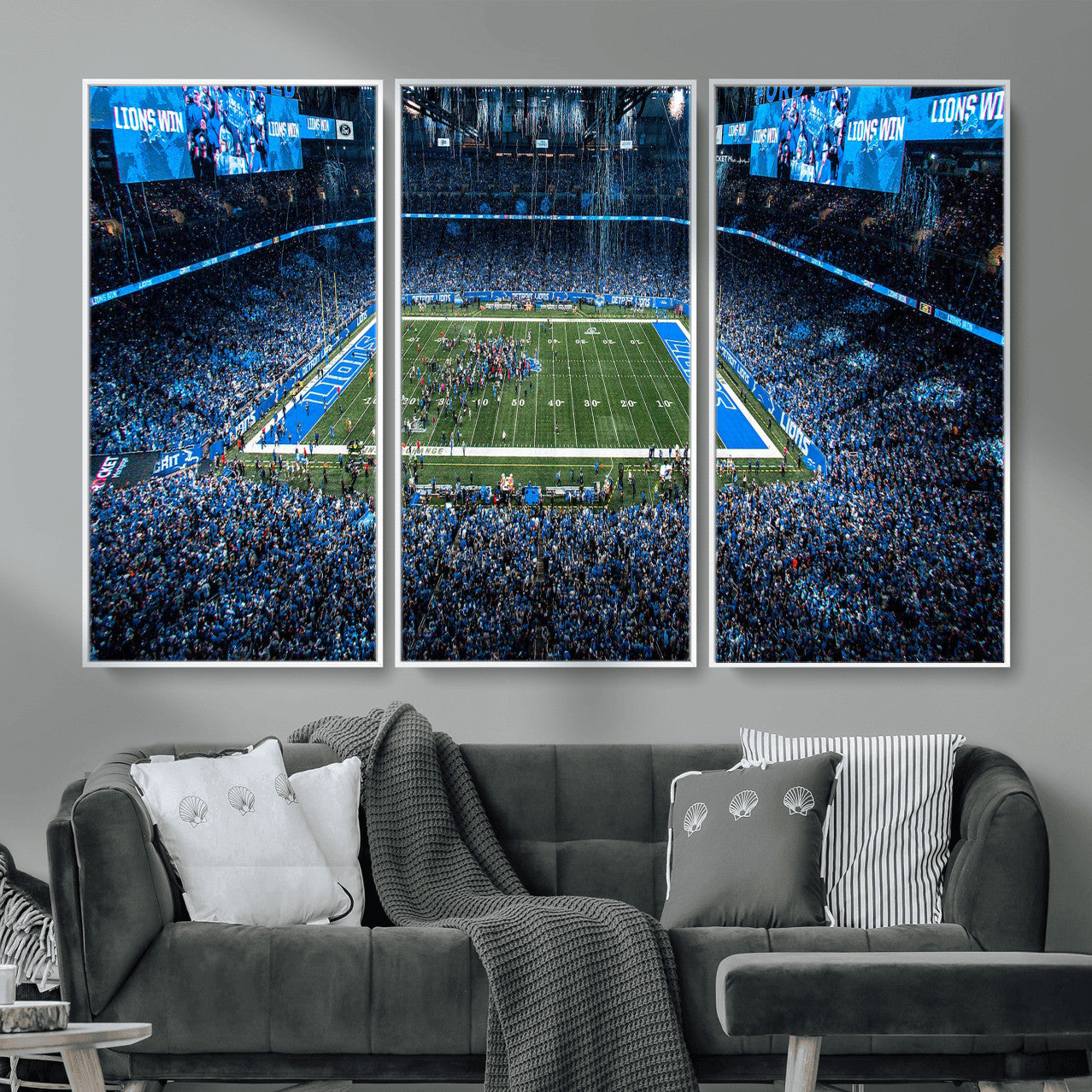 80882005-MGV-CV-36X24 - Detroit Lions Stadium Wall Art Canvas Print, Football Field Panorama Artwork, NFL Game Night Stadium Decor