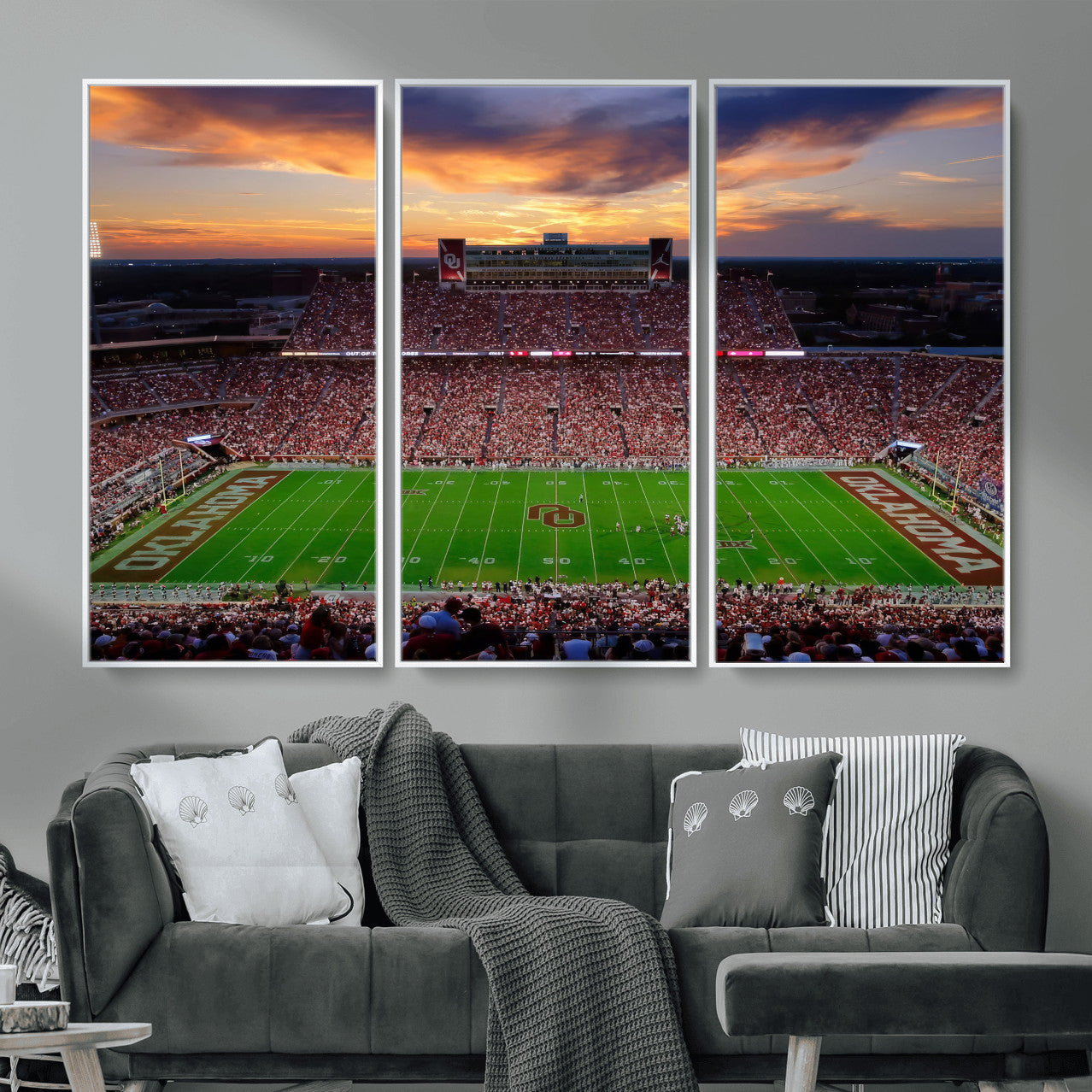 51457497-MGV-CV-36X24 - Oklahoma Sooners Stadium Wall Art Canvas Print, College Football Sunset Game Scene, OU Football Field Panorama Wall Decor