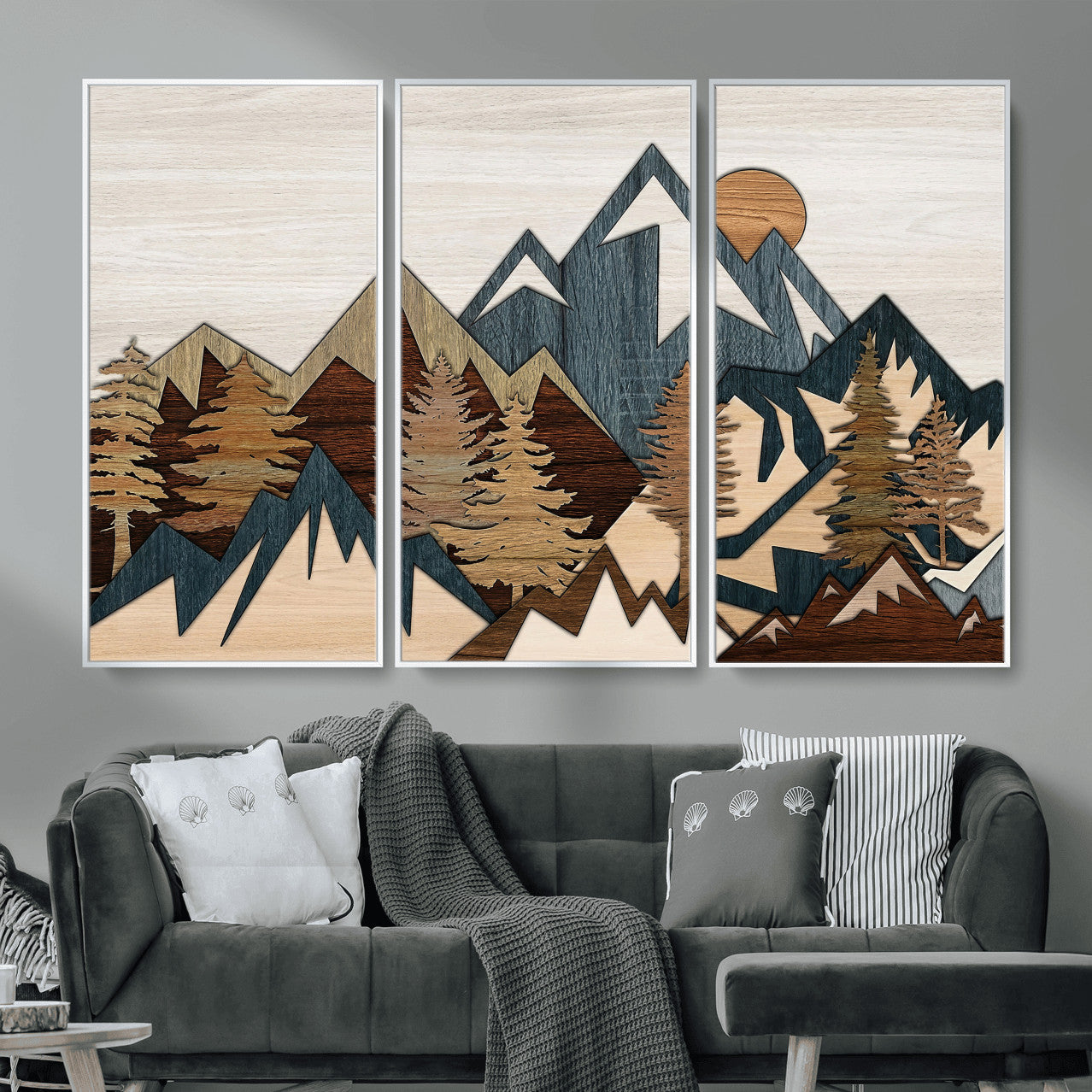 61833055-MGV-CV-36X24 - Mountain Forest Wall Art Canvas Print, Layered Wood Landscape Artwork, Rustic Nature Wall Decor for Living Room
