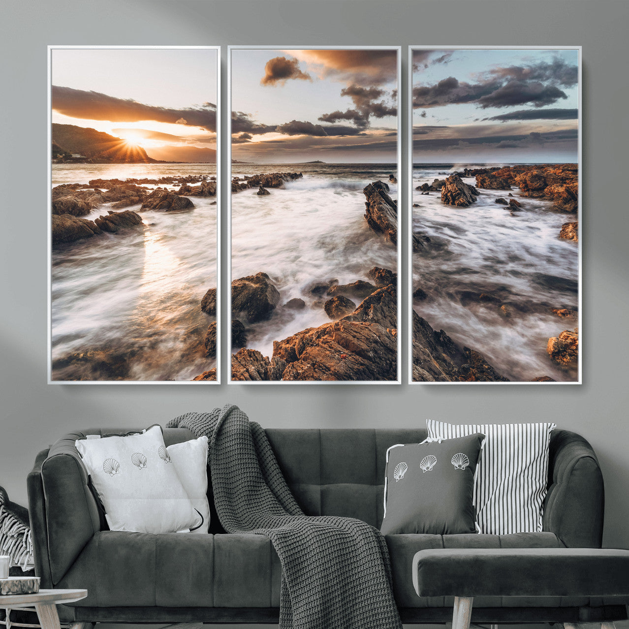 66746024-MGV-CV-36X24 - Rocky Coast Ocean Sunset Wall Art Canvas Print, Dramatic Seascape Nature Wall Decor for Living Room and Office