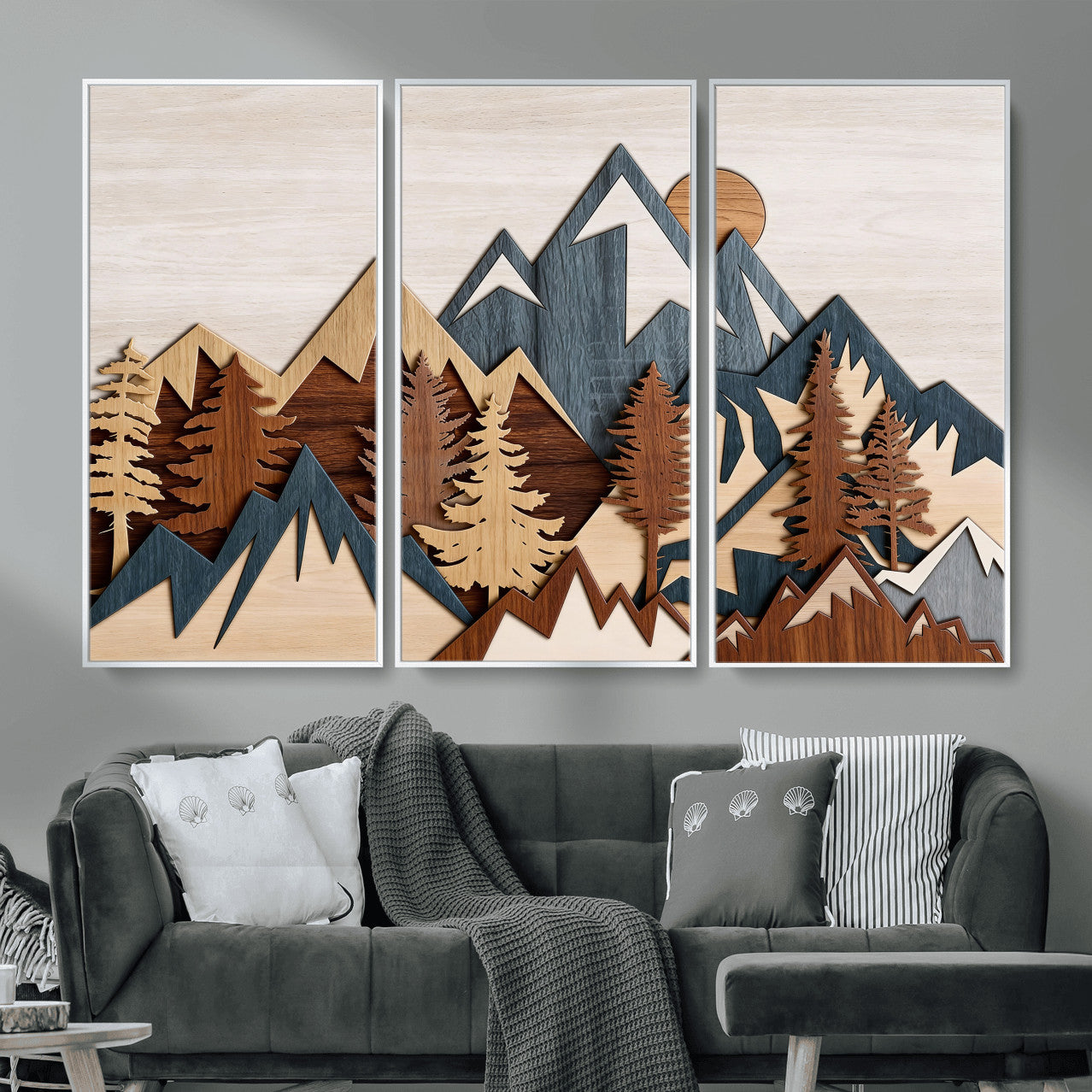 39888898-MGV-CV-36X24 - Layered Wooden Mountain Wall Art Canvas Print, Modern Rustic Forest and Pine Landscape Wall Decor