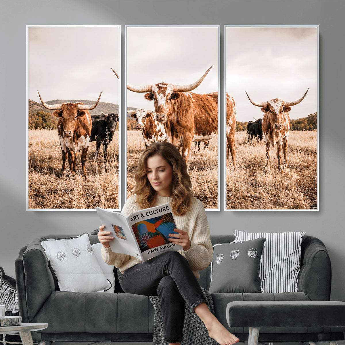 27539727-MGV-CV-36X24 - Texas Longhorn Cattle Wall Art Canvas Print, Sepia Western Decor