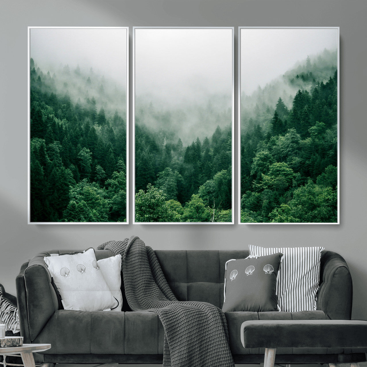 61640815-MGV-CV-36X24 - Misty Pine Forest Wall Art Canvas Print, Foggy Evergreen Landscape Wall Decor, Moody Green Nature Artwork, Minimal Forest Canvas Wall Art, Framed Canvas Wall Art Ready to Hang
