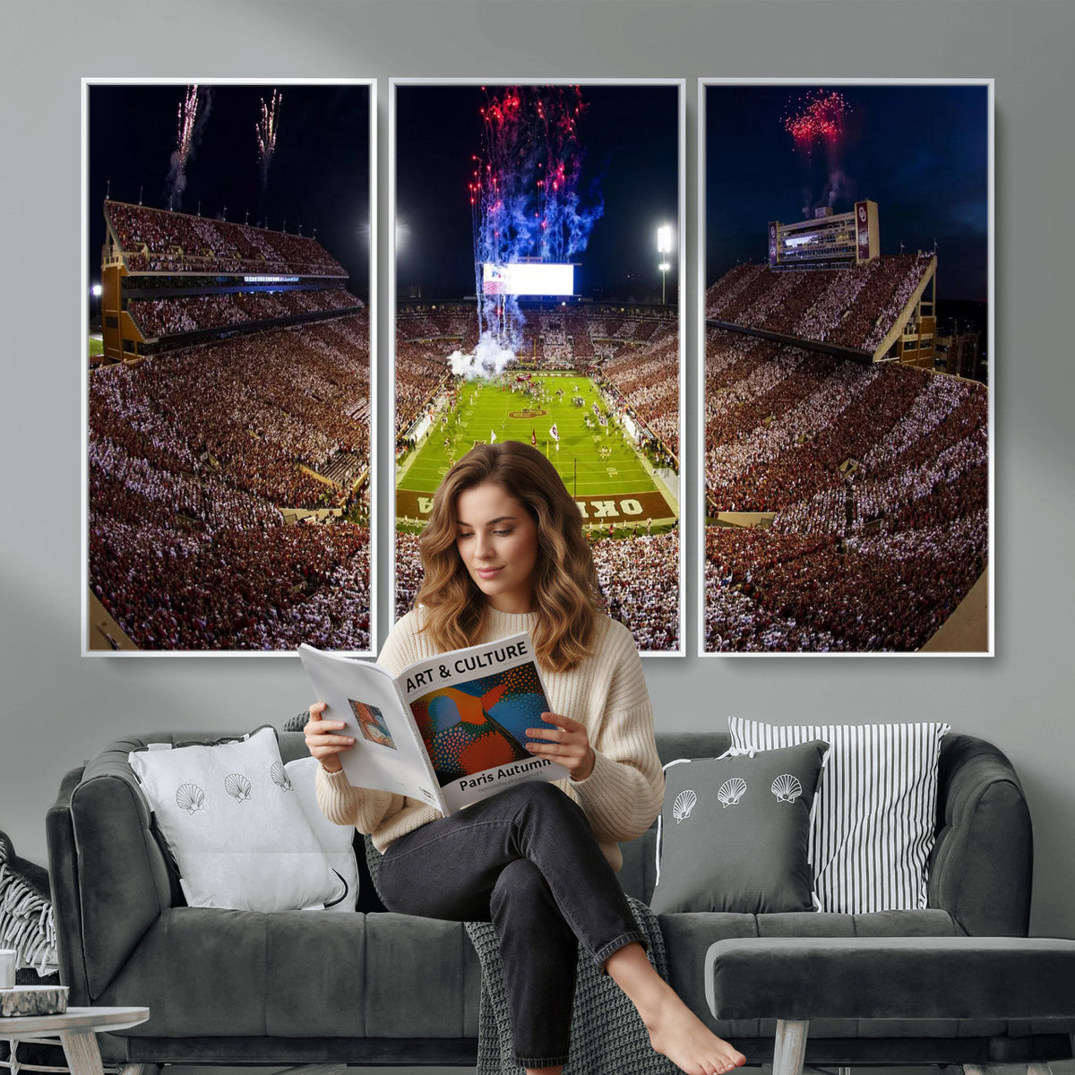 43197777-MGV-CV-36X24 - Oklahoma Memorial Stadium Wall Art Canvas Print – Oklahoma Sooners Football Artwork for Home, Office, and Sports Room Decor