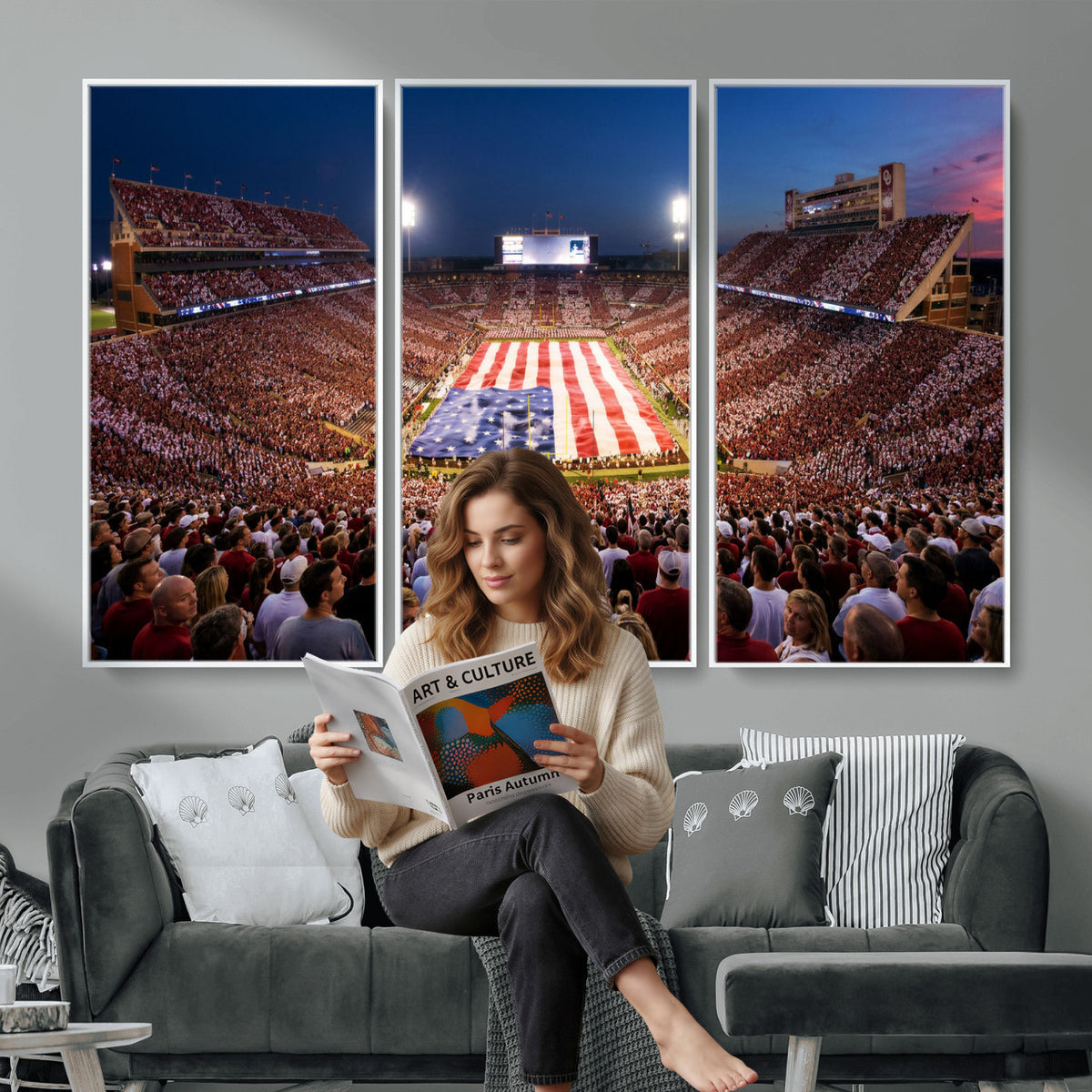 59917418-MGV-CV-36X24 - Oklahoma Memorial Stadium Wall Art Canvas Print | Oklahoma Sooners Football Artwork for Home, Office, and Sports Room Decor