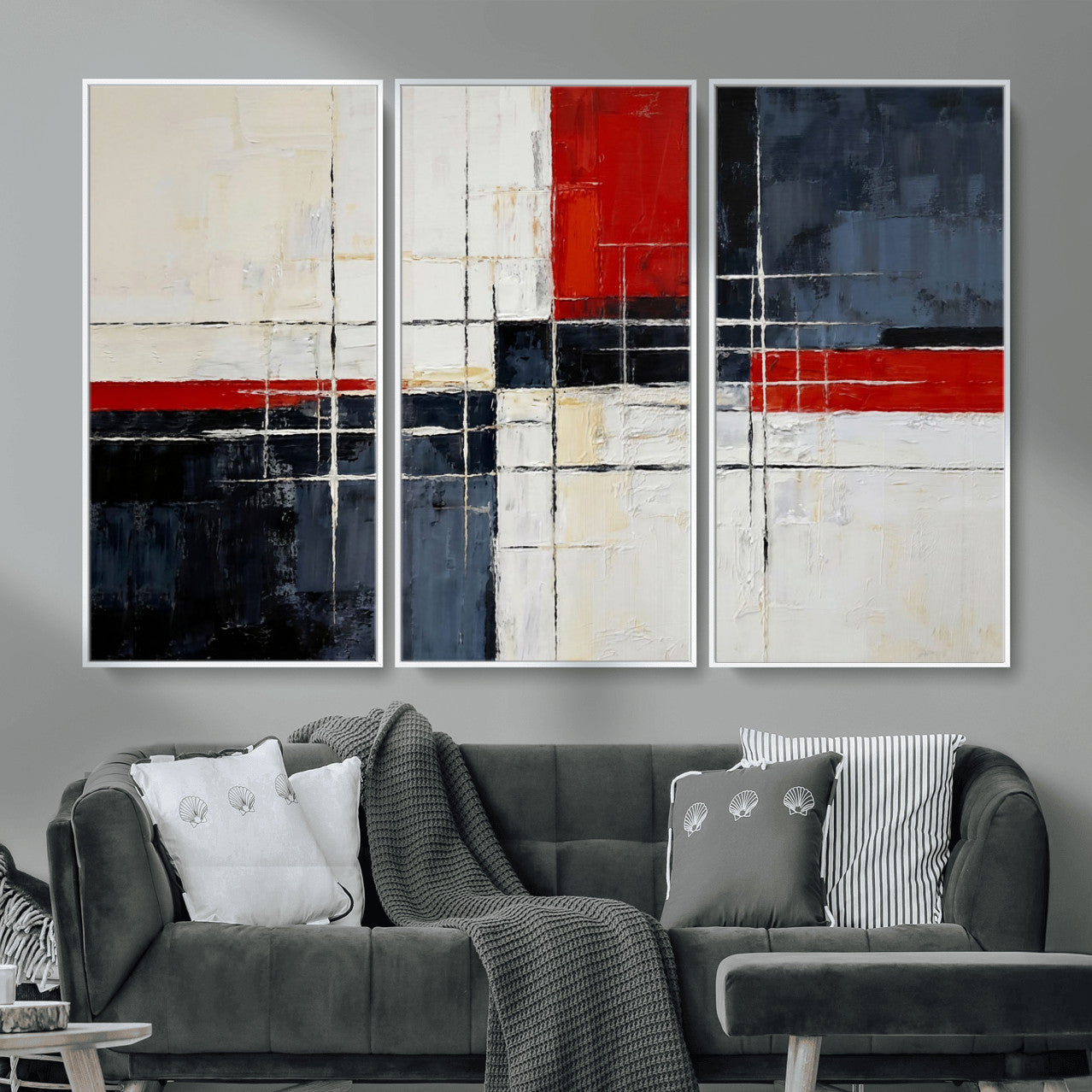 44088165-MGV-CV-36X24 - Navy Red Abstract Wall Art Canvas Print, Modern Luxury Geometric Painting Wall Decor for Living Room and Office