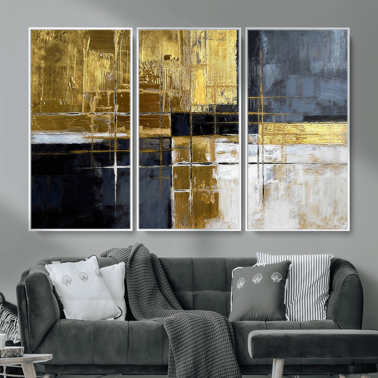 76917030-MGV-CV-36X24 - Gold Navy Abstract Wall Art Canvas Print, Modern Luxury Geometric Painting Wall Decor for Living Room and Office