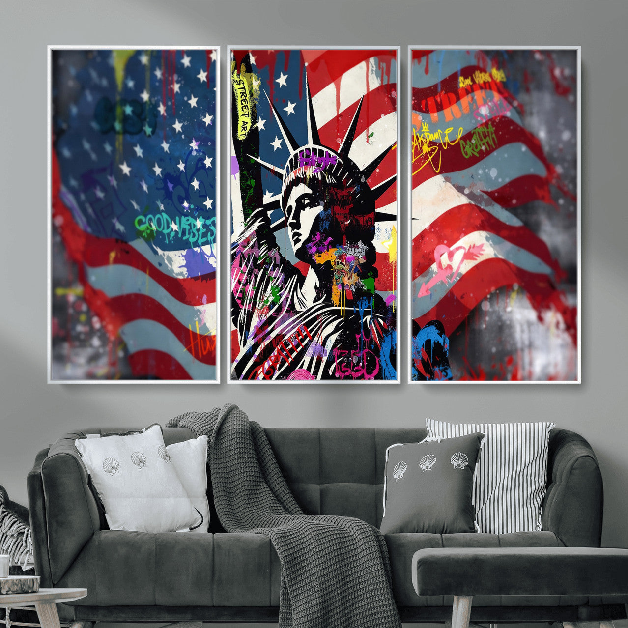 32151941-MGV-CV-36X24 - USA Statue of Liberty Graffiti Street Art Wall Art Canvas Print, American Flag Urban Pop Art Canvas Print, Modern Patriotic Street Art Contemporary Art Printing