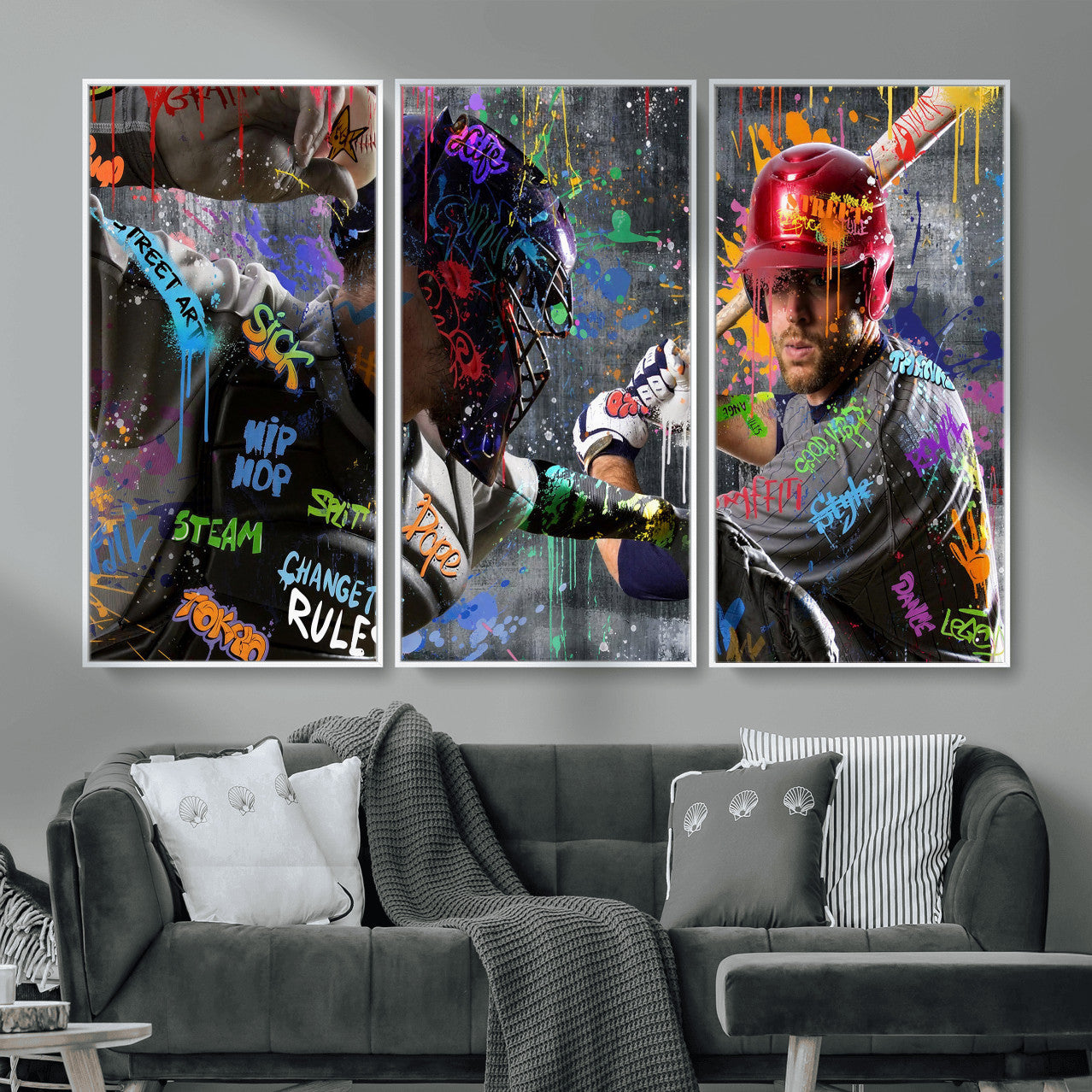 19634994-MGV-CV-36X24 - Graffiti Baseball Player Street Art Wall Art Canvas Print, Urban Sports Pop Art Baseball Canvas Print, Modern Athletic Graffiti Contemporary Art Printing