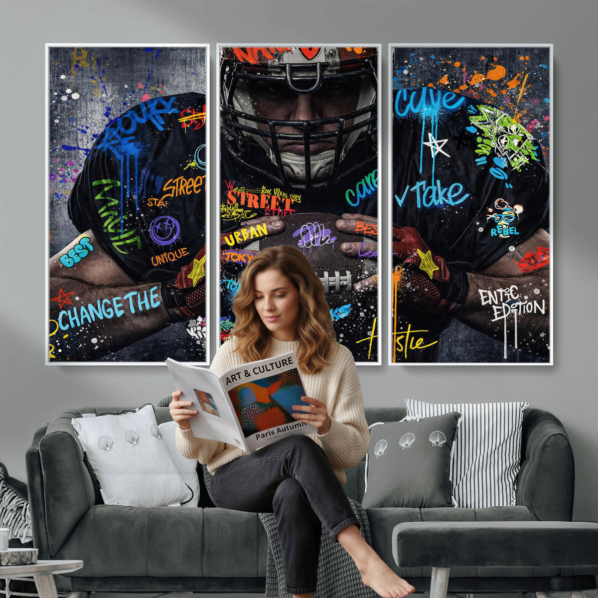 55267256-MGV-CV-36X24 - Graffiti American Football Player Street Art Wall Art Canvas Print
