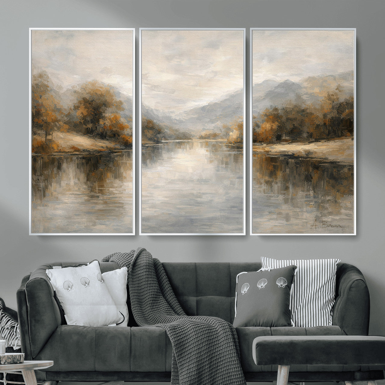 29251761-MGV-CV-36X24 - Neutral Abstract River Landscape Wall Art Canvas Print, Modern Minimal Nature Reflection Canvas Print, Beige Gray Contemporary Mountain Art Printing