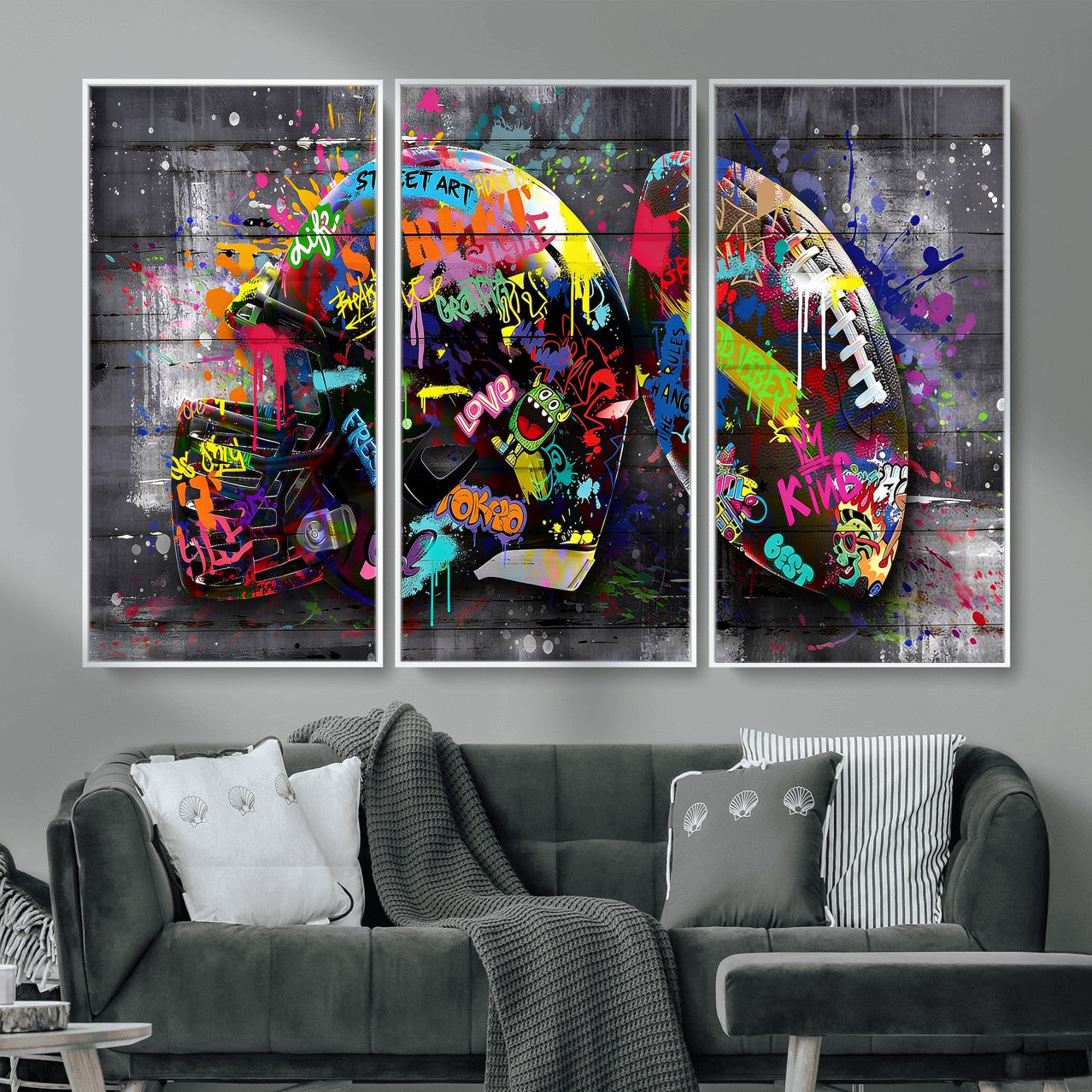 80540773-MGV-CV-36X24 - Graffiti American Football Helmet Street Art Wall Art Canvas Print, Urban Sports Pop Art Football Canvas Print, Colorful Graffiti Sports Contemporary Art Printing