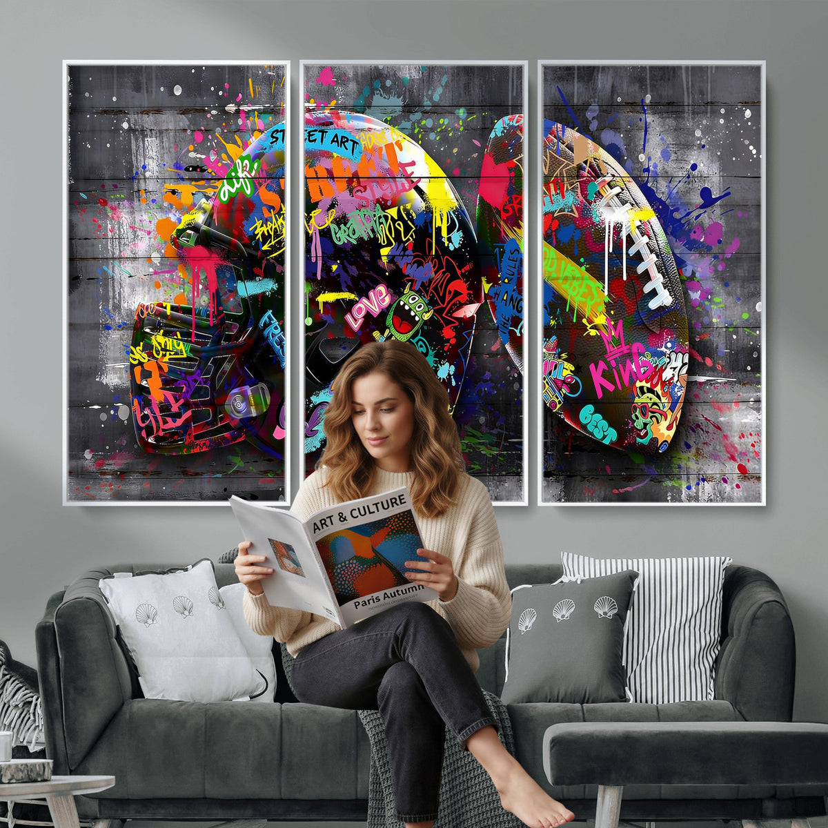 80540773-MGV-CV-36X24 - Graffiti American Football Helmet Street Art Wall Art Canvas Print