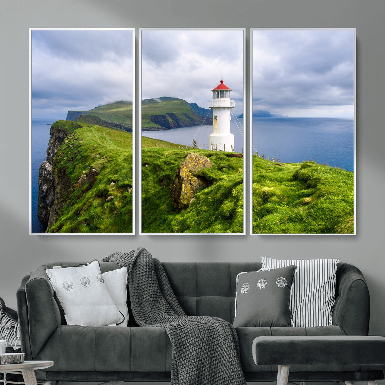 10680390-MGV-CV-36X24 - Coastal Lighthouse Wall Art Canvas Print, Cliffside Ocean Landscape Canvas Print, Scandinavian Coastal Decor for Living Room