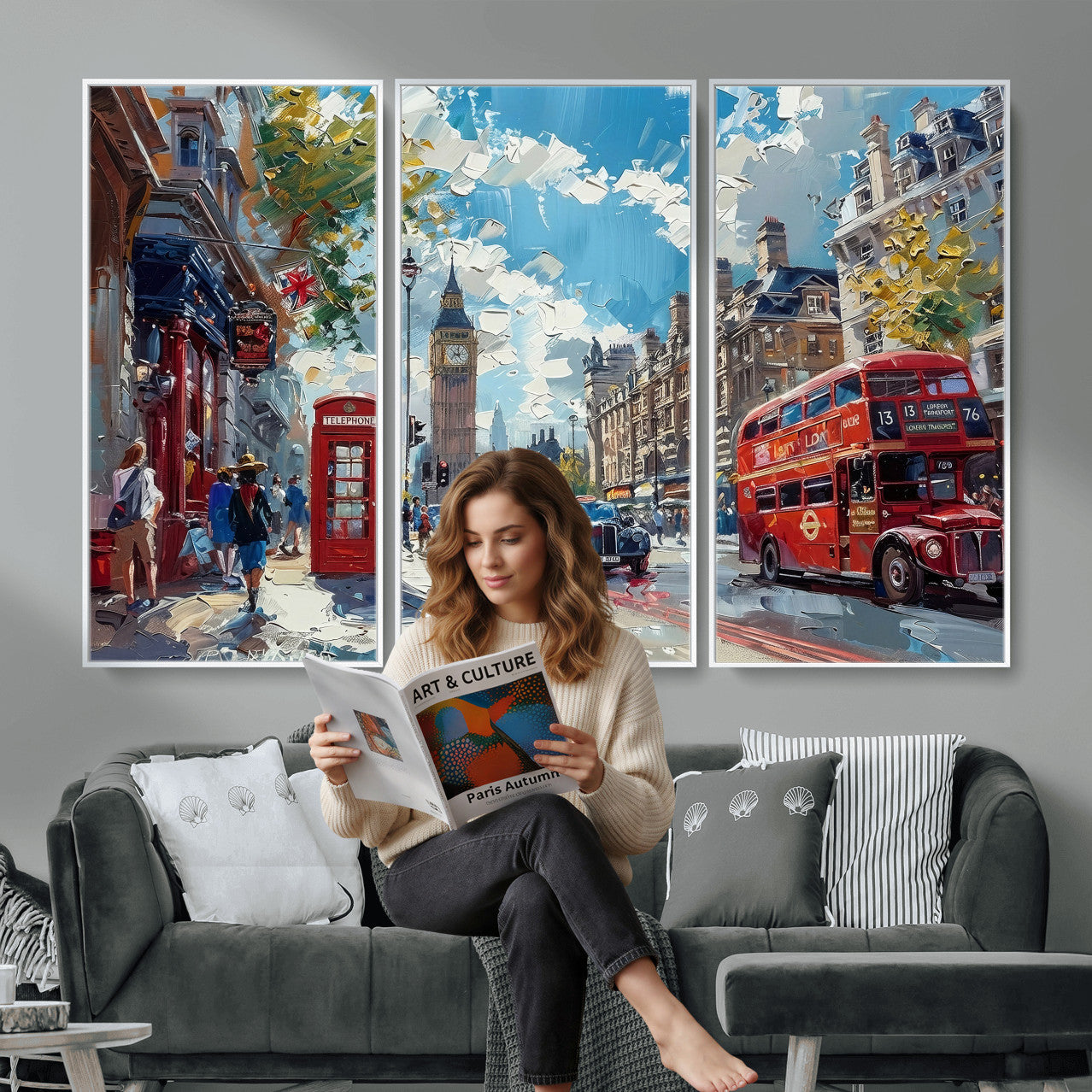 17630888-MGV-CV-36X24 - London Street Canvas Wall Art — Big Ben Red Bus Print | Oil Painting Style | UK City Wall Decor | Travel Art Gift | Living Room Print