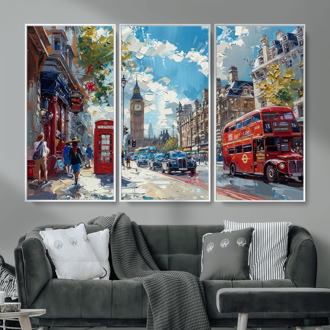 17630888-MGV-CV-36X24 - Modern London City Street Wall Art Canvas Print, Big Ben & Red Bus Artwork Canvas Print