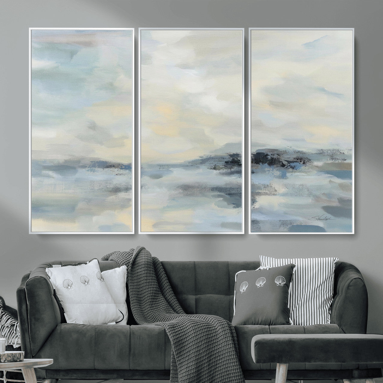 24647355-MGV-CV-36X24 - Abstract Coastal Landscape Wall Art Canvas Print – Soft Blue Gray Minimalist Painting