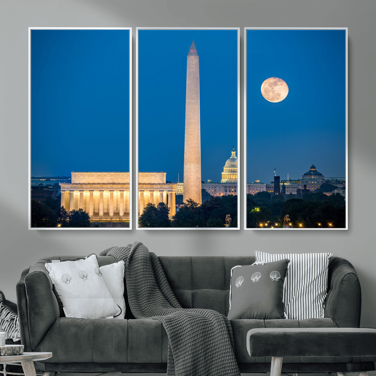 96712946-MGV-CV-36X24 - Washington DC Skyline Wall Art Canvas Print – Lincoln Memorial, Washington Monument and US Capitol Night Cityscape Artwork