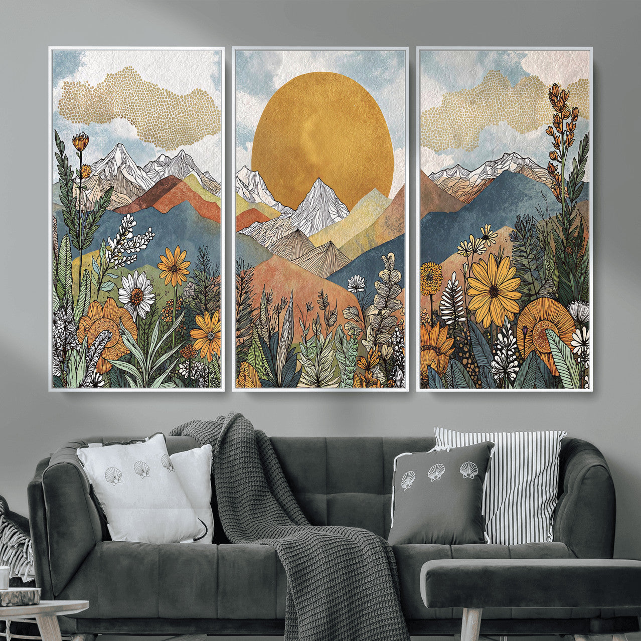 17540863-MGV-CV-36X24 - Boho Mountain Landscape Large Wall Art, Horizontal Gold Framed Canvas Print with Sun and Flowers