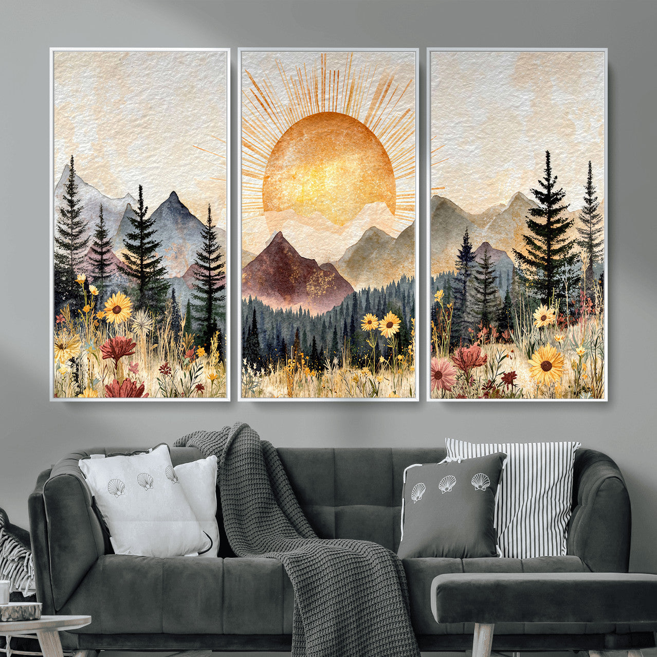69025244-MGV-CV-36X24 - Boho Mountain Landscape Large Wall Art, Horizontal Gold Framed Canvas Print with Sun and Flowers