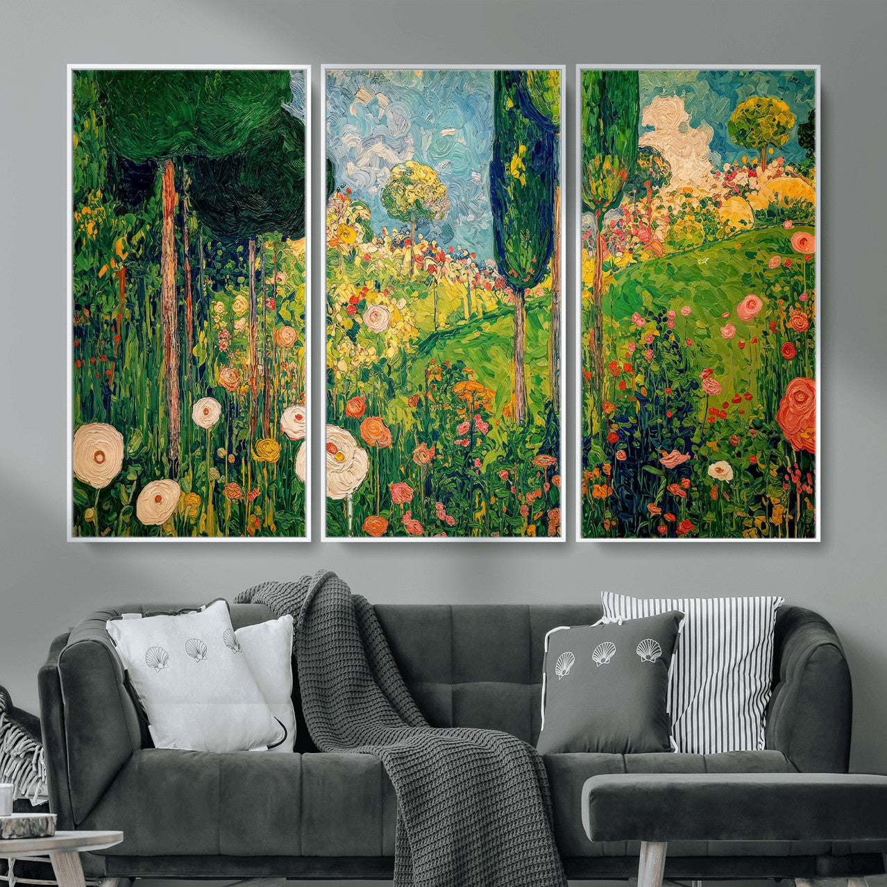83517974-MGV-CV-36X24 - Gustav Klimt Boho Mountain Landscape Large Wall Art, Horizontal Gold Framed Canvas Print with Sun and Flowers