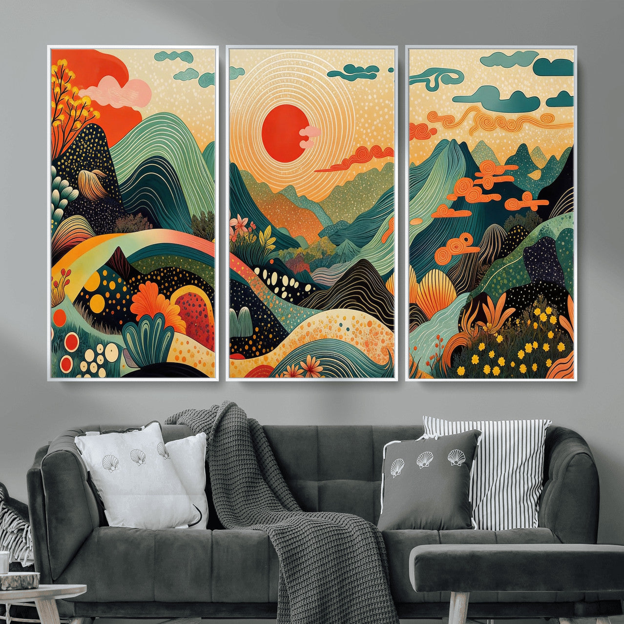 29927191-MGV-CV-36X24 - Yayoi Kusama Boho Mountain Landscape Large Wall Art, Horizontal Gold Framed Canvas Print with Sun and Flowers