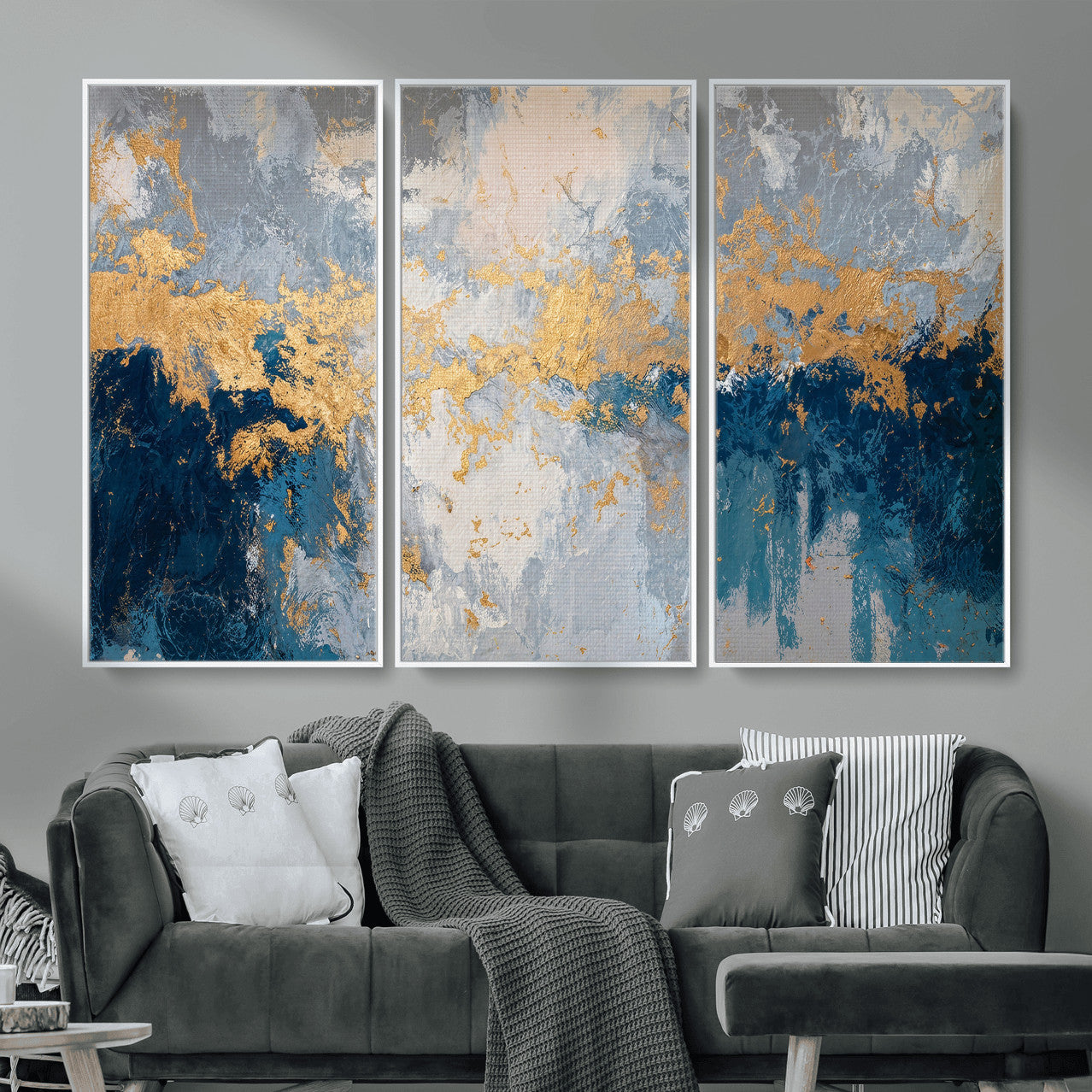65386119-MGV-CV-36X24 - Blue Gold Abstract Large Framed Canvas Wall Art, Modern Luxury Painting Print in Horizontal Oversized Minimal Wall Decor Artwork