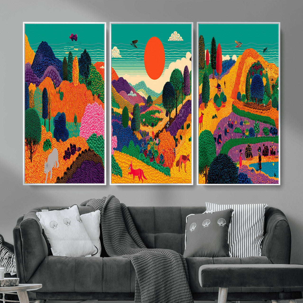 45710397-MGV-CV-48X32-3P - Colorful Japanese Landscape Print: Maximalist Panoramic Wall Art