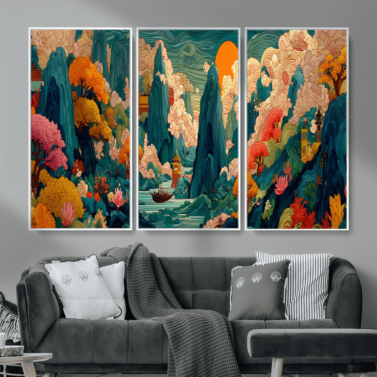 90422518-MGV-CV-48X32-3P - Colorful Japanese Landscape Print: Maximalist Panoramic Wall Art