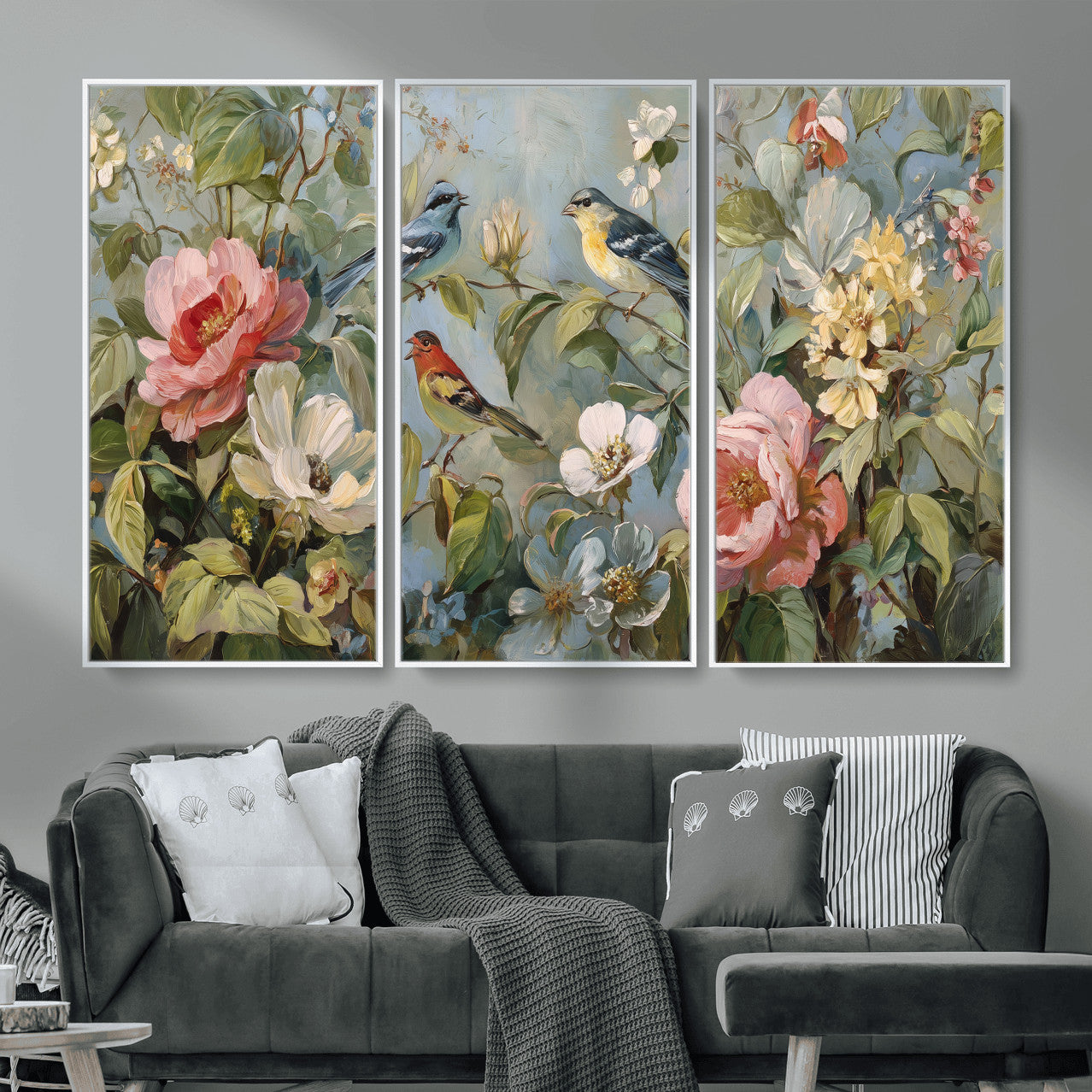 55440837-MGV-CV-36X24 - Vintage Birds and Flowers Wall Art Canvas Print, Botanical Bird Painting Canvas Print, Floral Garden Bird Artwork Canvas Print, Classic Bird Flower Painting Canvas Print