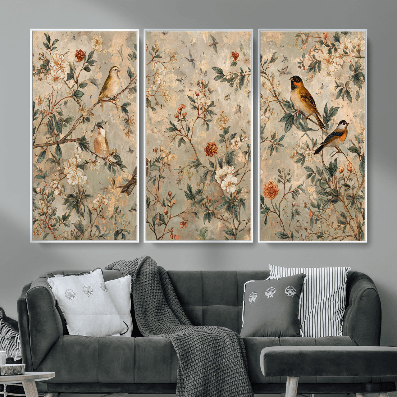 76588438-MGV-CV-36X24 - Vintage Birds and Flowers Wall Art Canvas Print, Botanical Bird Painting Canvas Print, Floral Garden Bird Artwork Canvas Print, Classic Bird Flower Painting Canvas Print