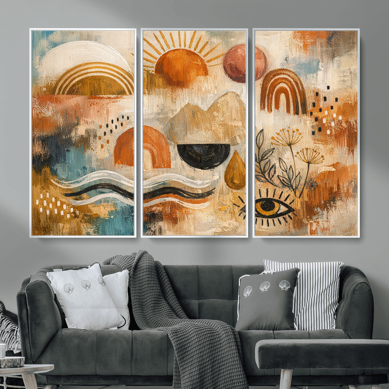 52155239-MGV-CV-36X24 - Geometric Boho Abstract Wall Art Canvas Print, Orange Blue Abstract Expressionist Painting Print, Modern Geometric Abstract Canvas Art