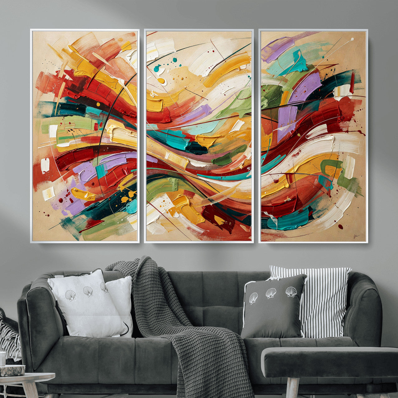 39887645-MGV-CV-36X24 - Geometric Abstract Wall Art Canvas Print, Orange Blue Abstract Expressionist Painting Print, Modern Geometric Abstract Canvas Art