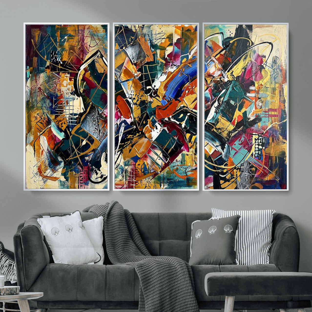 15525527-MGV-CV-36X24 - Geometric Abstract Wall Art Canvas Print, Orange Blue Abstract Expressionist Painting Print, Modern Geometric Abstract Canvas Art