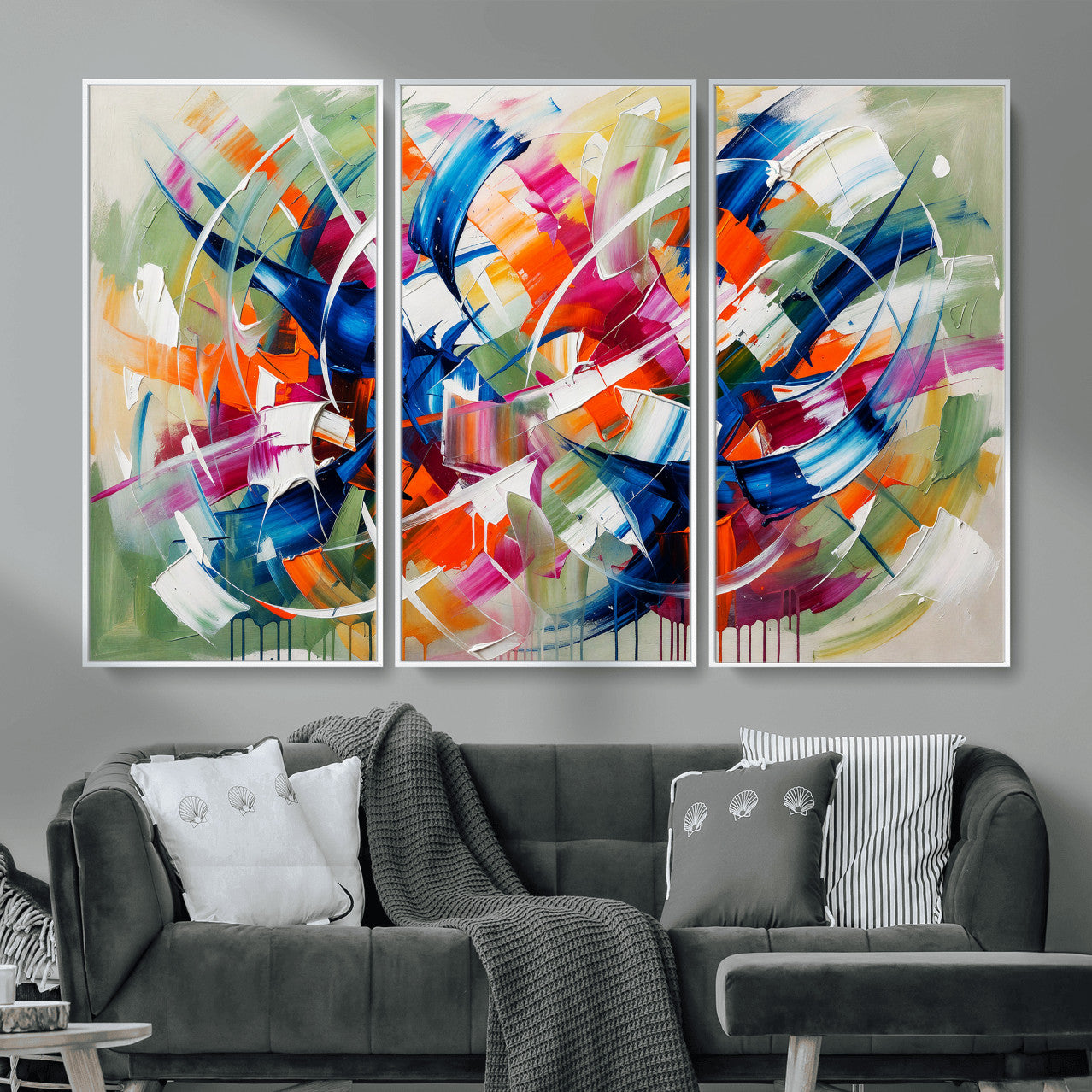 15032888-MGV-CV-36X24 - Geometric Abstract Wall Art Canvas Print, Orange Blue Abstract Expressionist Painting Print, Modern Geometric Abstract Canvas Art